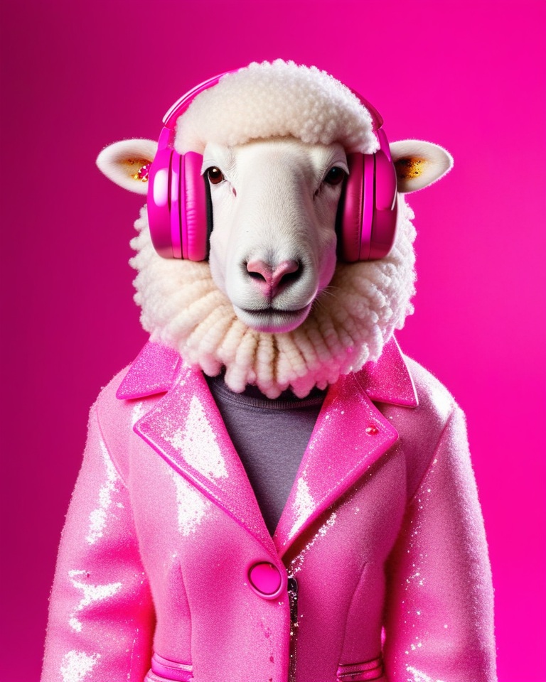Ämäääh: A photorealistic white ewe in a glittery pink jacket and pink gaming headset, styled for an e-girl fashion shoot.