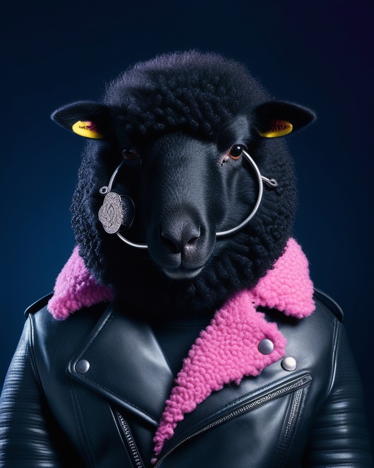 Black Sheeppii: A photorealistic black sheep in a polished black leather jacket, styled for a dramatic fashion shoot.